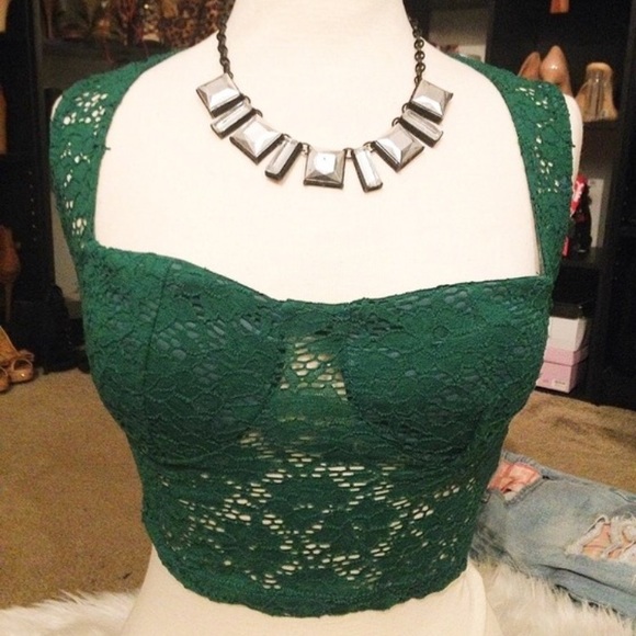 Dark Green Padded Lace Crop Top 